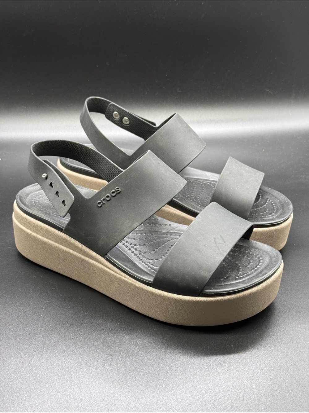 Crocs Brooklyn Low Wedges Women's 8 Black and Cream Soles Back Strapped Casual
